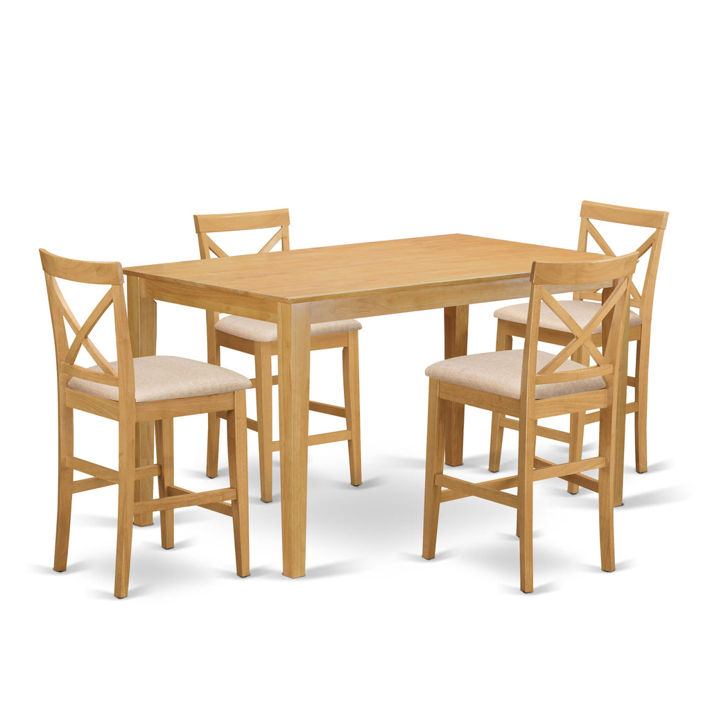 CAPB5B-2M9-4 5-Piece High Counter Dining Set with Rectangle Table & Linen Chairs, Oak Finish