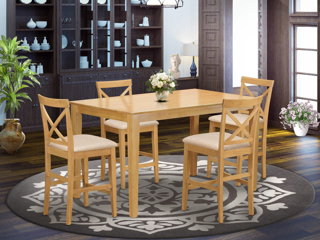 CAPB5B-2M9-4 5-Piece High Counter Dining Set with Rectangle Table & Linen Chairs, Oak Finish