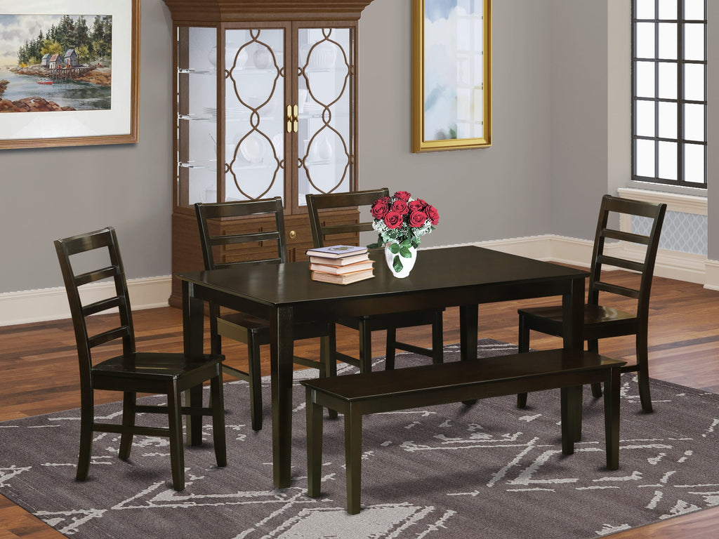 Gathr6-J Beautiful 6 Pc Dining Ensemble Rectangular Table, 4 Chairs & Bench in Rich Cappuccino Finish