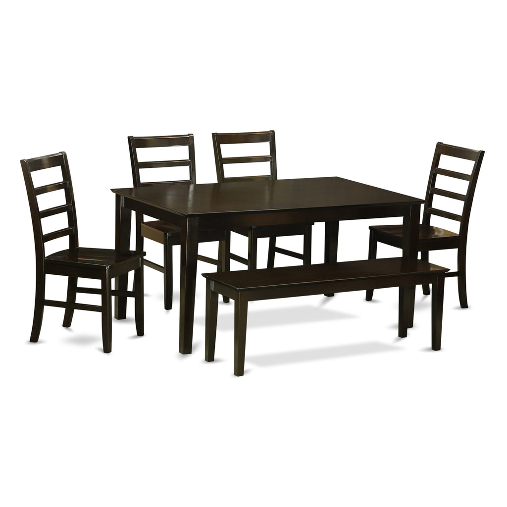 Gathr6-J Beautiful 6 Pc Dining Ensemble Rectangular Table, 4 Chairs & Bench in Rich Cappuccino Finish