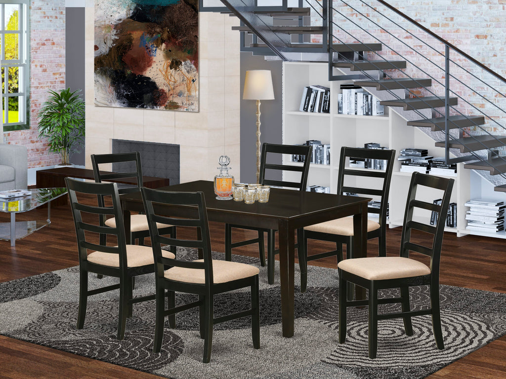 CAPF7-9IN-H 7 Pc Dining Ensemble Rectangular Table & 6 Linen Upholstered Chairs in Cappuccino, Size 36x60