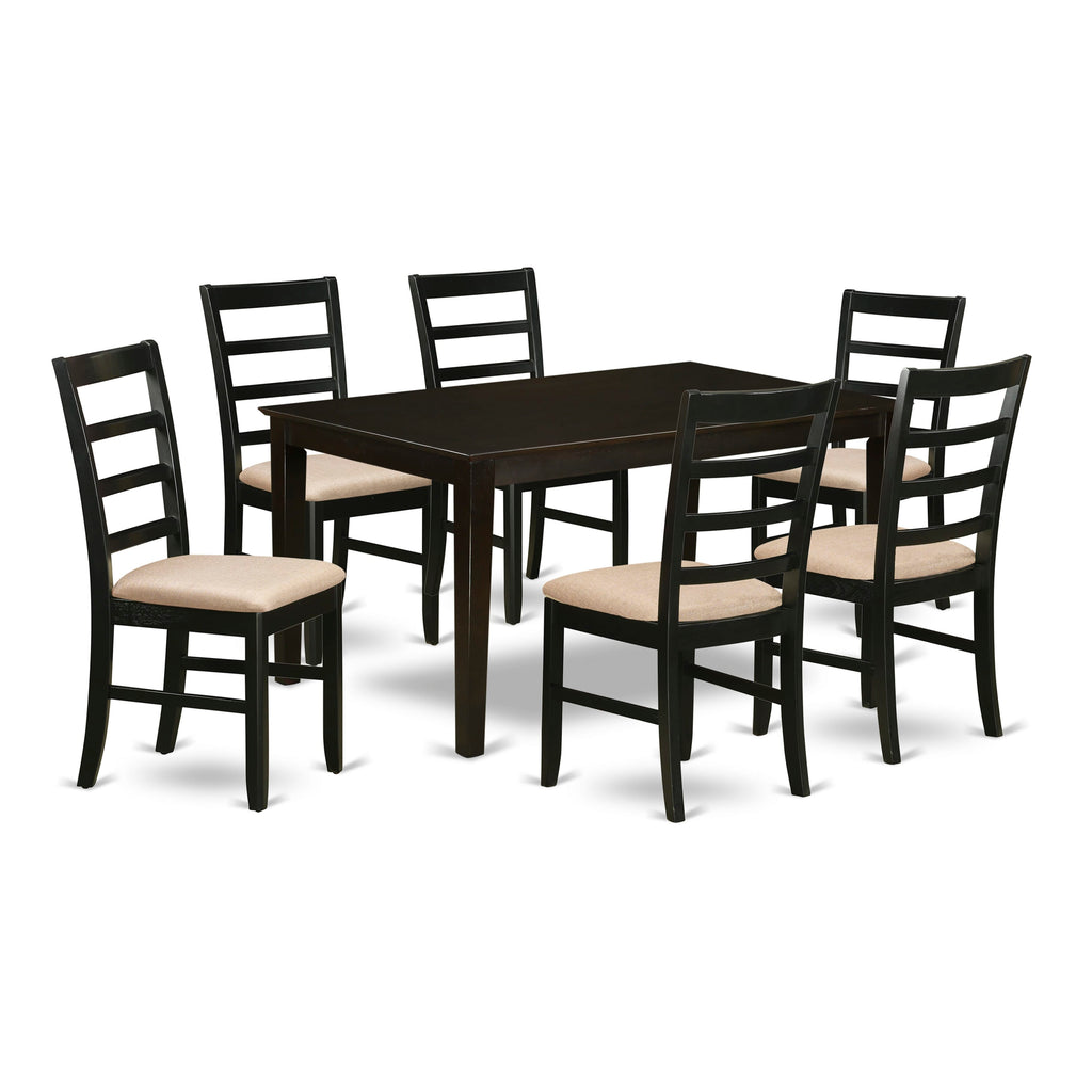 CAPF7-9IN-H 7 Pc Dining Ensemble Rectangular Table & 6 Linen Upholstered Chairs in Cappuccino, Size 36x60