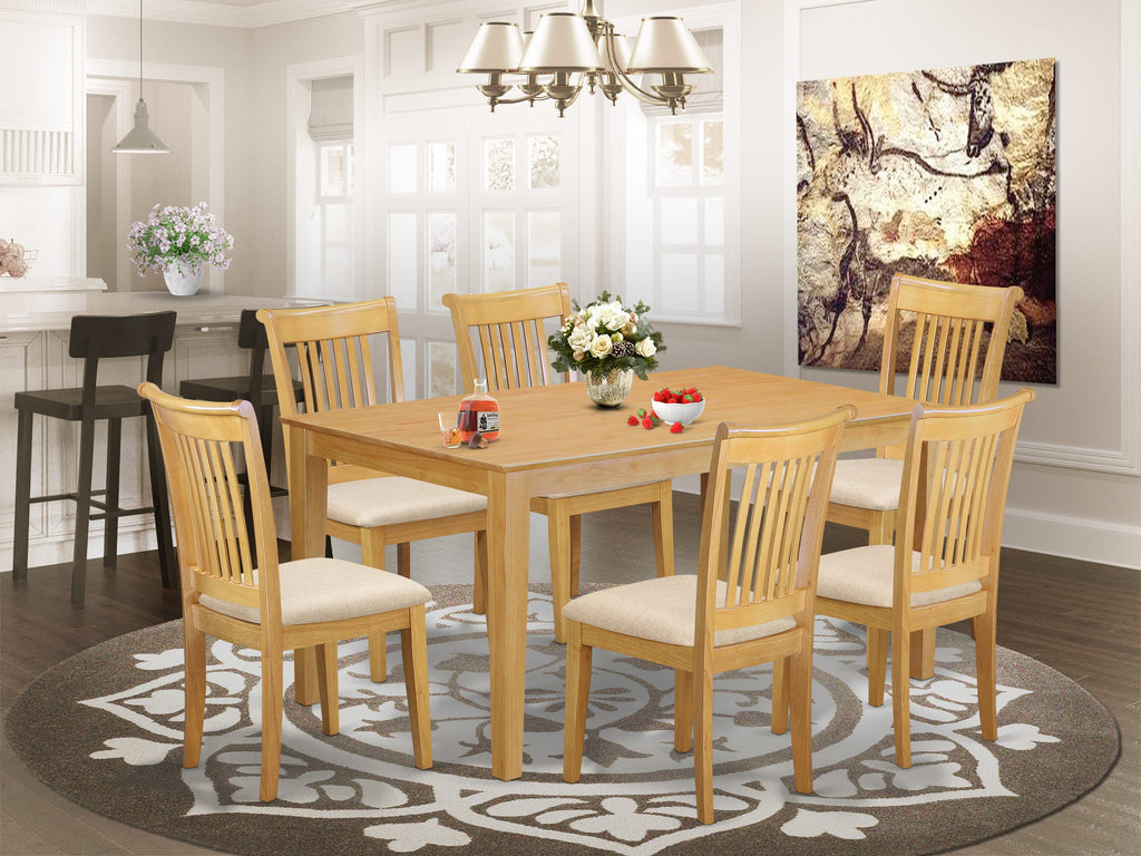 Dining Ensemble CAPO7-E2D-T Elegant Rectangle Table & 6 Linen Fabric Chairs, 36x60 In, Wood Finish