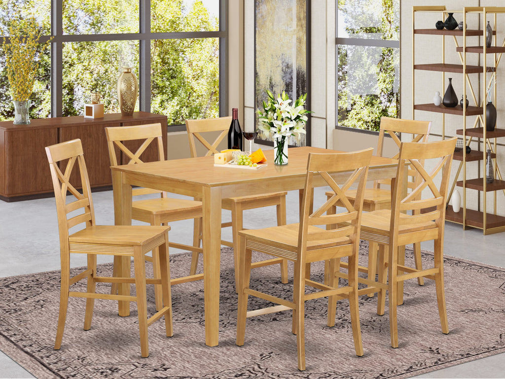 CAQU75-2N7-V Elegant 7-Suite Counter Dining Set with Rectangle Table & Half-Dozen Seats, Oak Finish