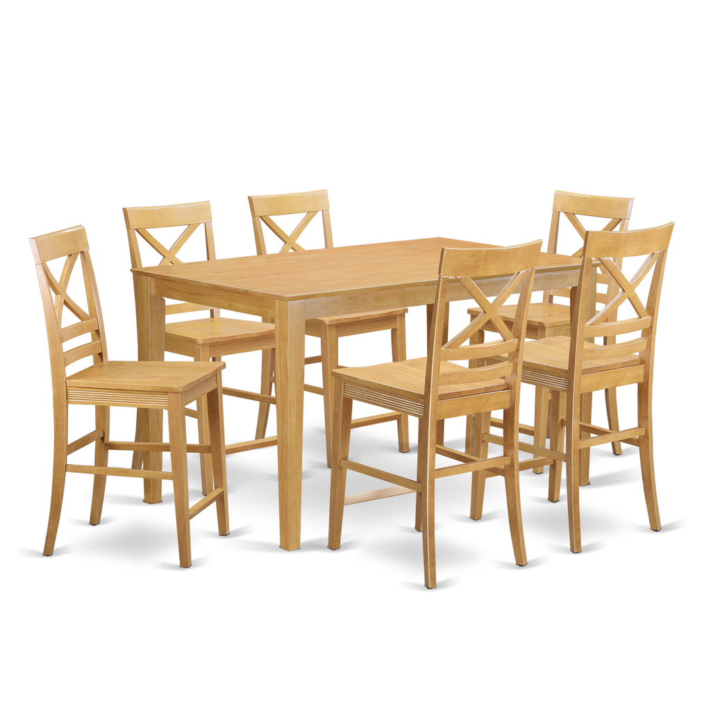 CAQU75-2N7-V Elegant 7-Suite Counter Dining Set with Rectangle Table & Half-Dozen Seats, Oak Finish