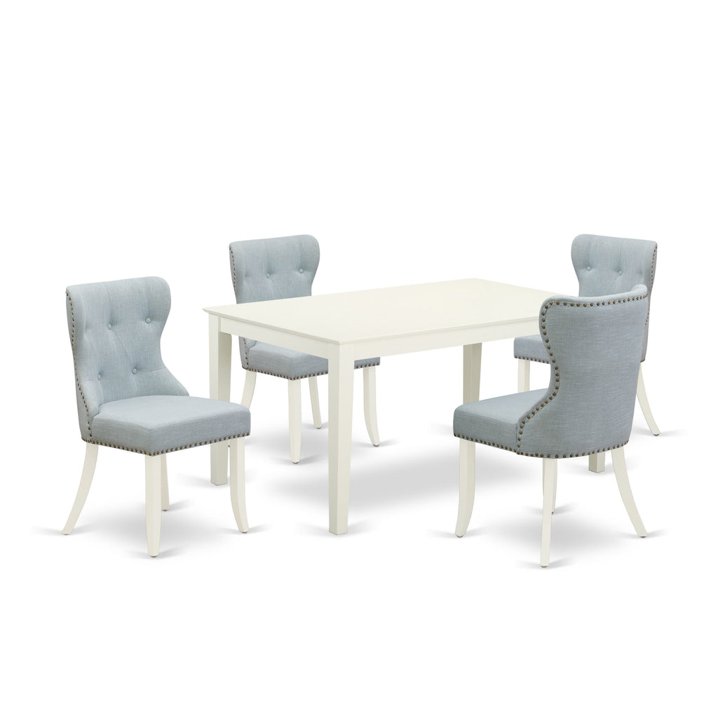 CASI5-FZG-AP Deluxe 5 Pc Dining Ensemble with Rectangular Table and 4 Blue Upholstered Chairs, 36x60 Inch, White