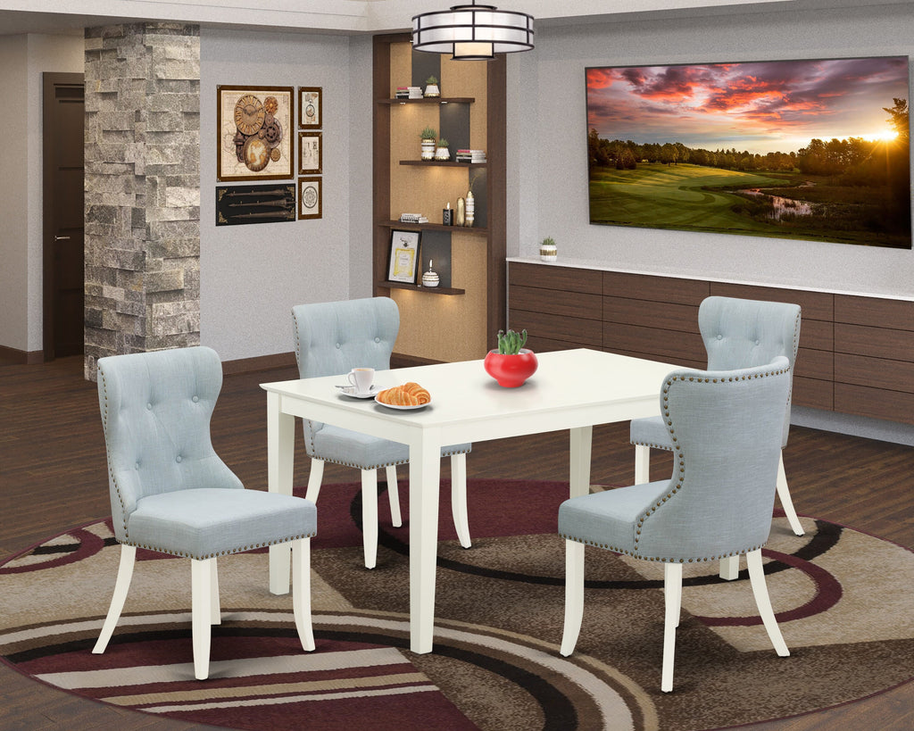 CASI5-FZG-AP Deluxe 5 Pc Dining Ensemble with Rectangular Table and 4 Blue Upholstered Chairs, 36x60 Inch, White