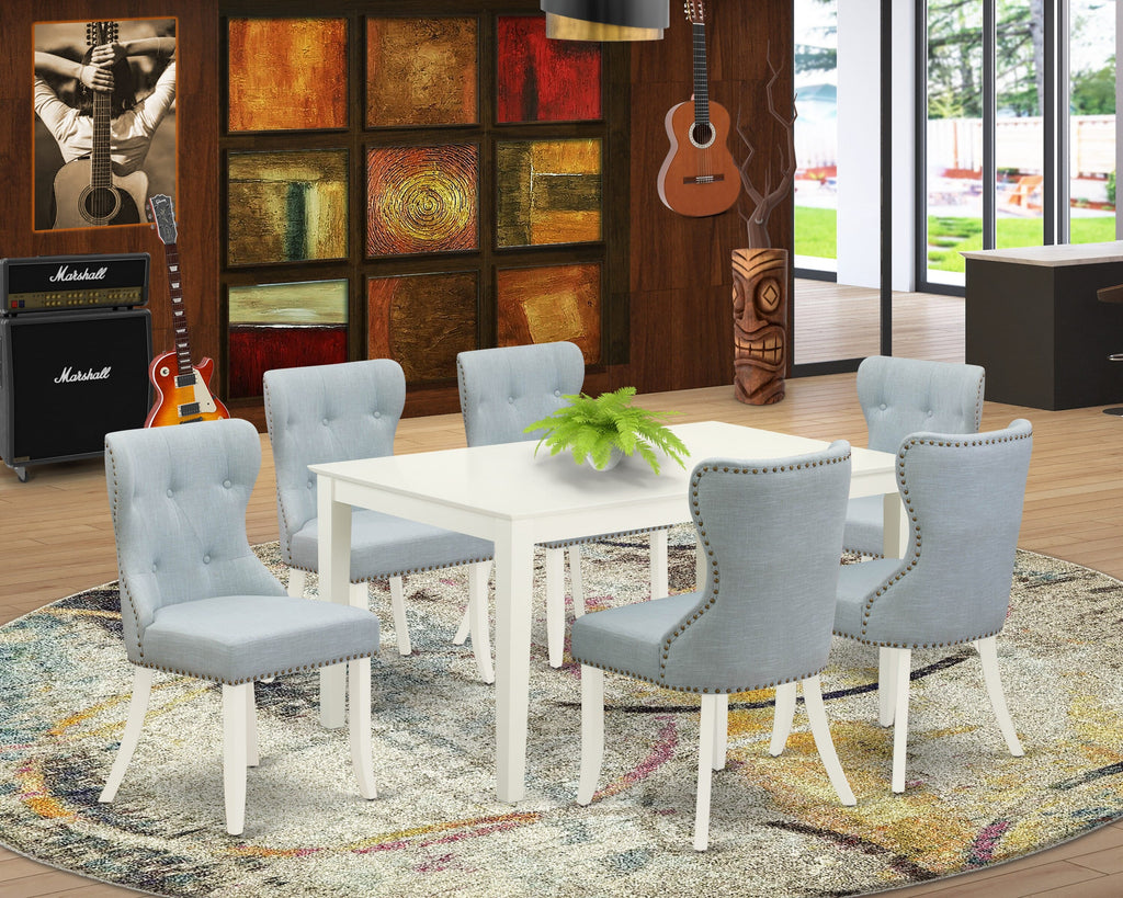 CASI7-2I0-0J 7-Piece Dining Ensemble with Rectangle Table and 6 Elegant Baby Blue Parsons Chairs