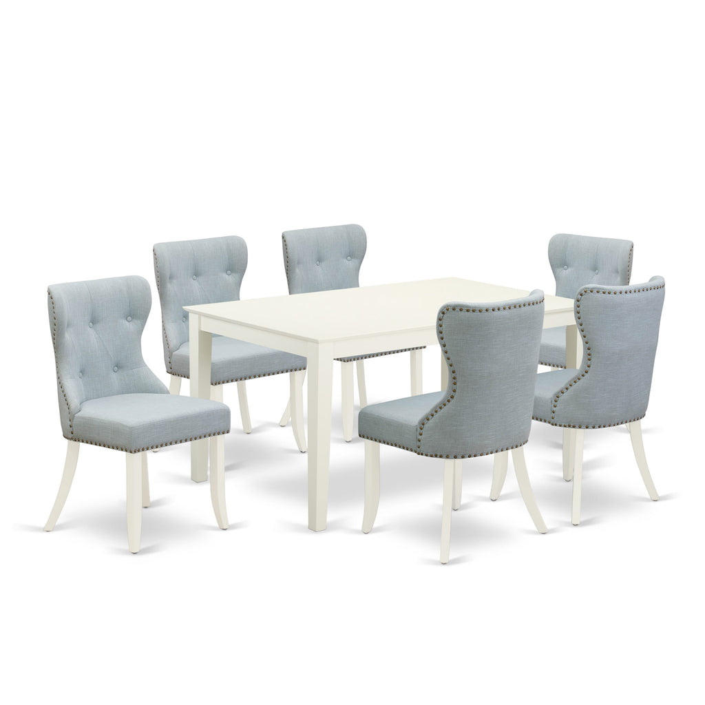 CASI7-2I0-0J 7-Piece Dining Ensemble with Rectangle Table and 6 Elegant Baby Blue Parsons Chairs