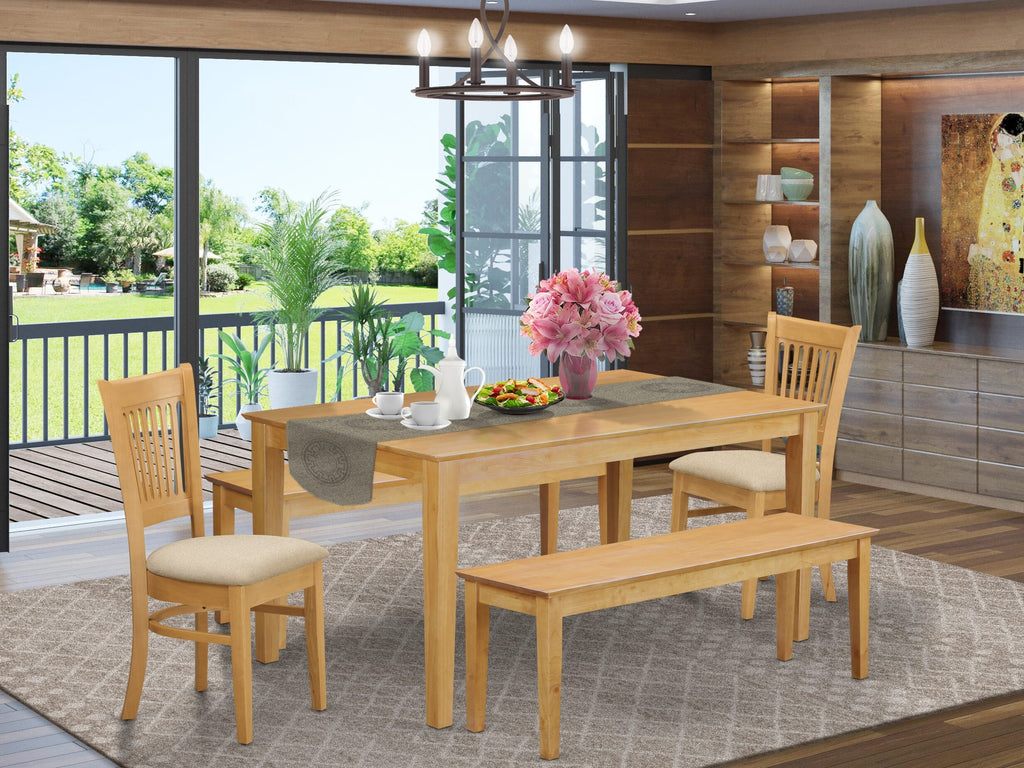 CAVA5C-2YR-9 5-Piece Combo Rectangular Oak Dining Table, 2 Linen Chairs & 2 Benches for a Cozy Meal