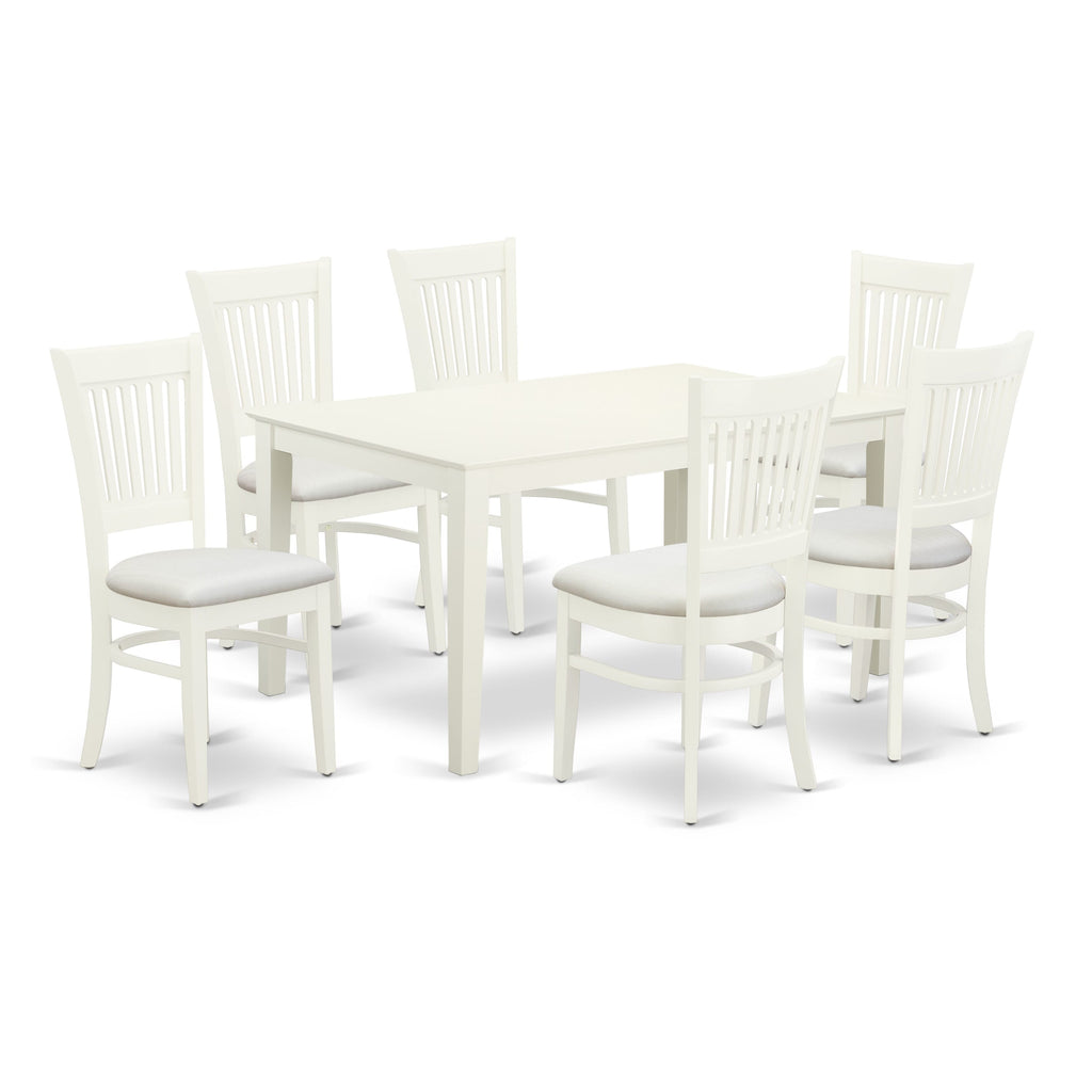 CAVA7-8FG-D 7-Piece Dining Ensemble with Rectangular Table & Linen Chairs for Kitchen 36x60, Light White