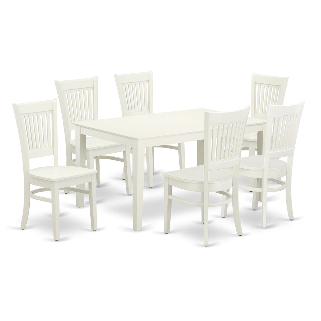 CAVA7-1LE-T 7-Piece Set Rectangle Dining Table with 6 Wooden Chairs, 36x60, Light White Finish