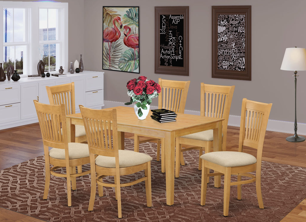 Dining Set CAVA7-2XP-I 7 Pieces with Rectangular Oak Table & 6 Linen Fabric Chairs, 36x60, Ideal for Dining Spaces