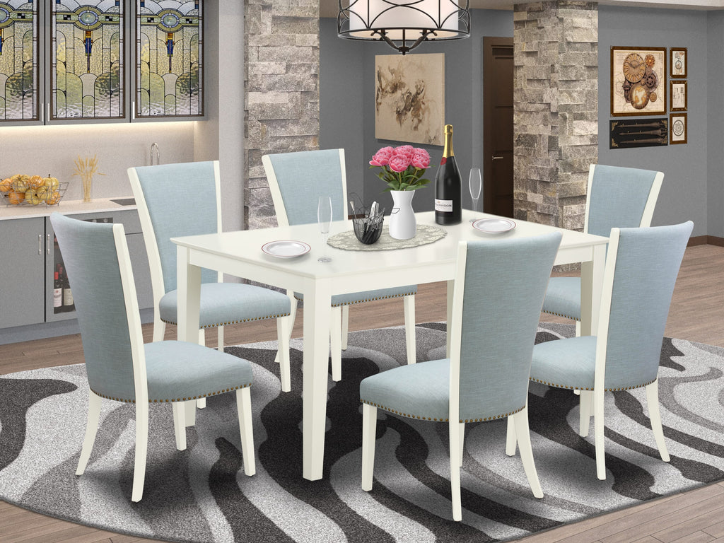 CAVE7-J6K-64 7-Piece Dining Ensemble with Rectangular Table & Blue Upholstered Chairs, 36x60, Linen White