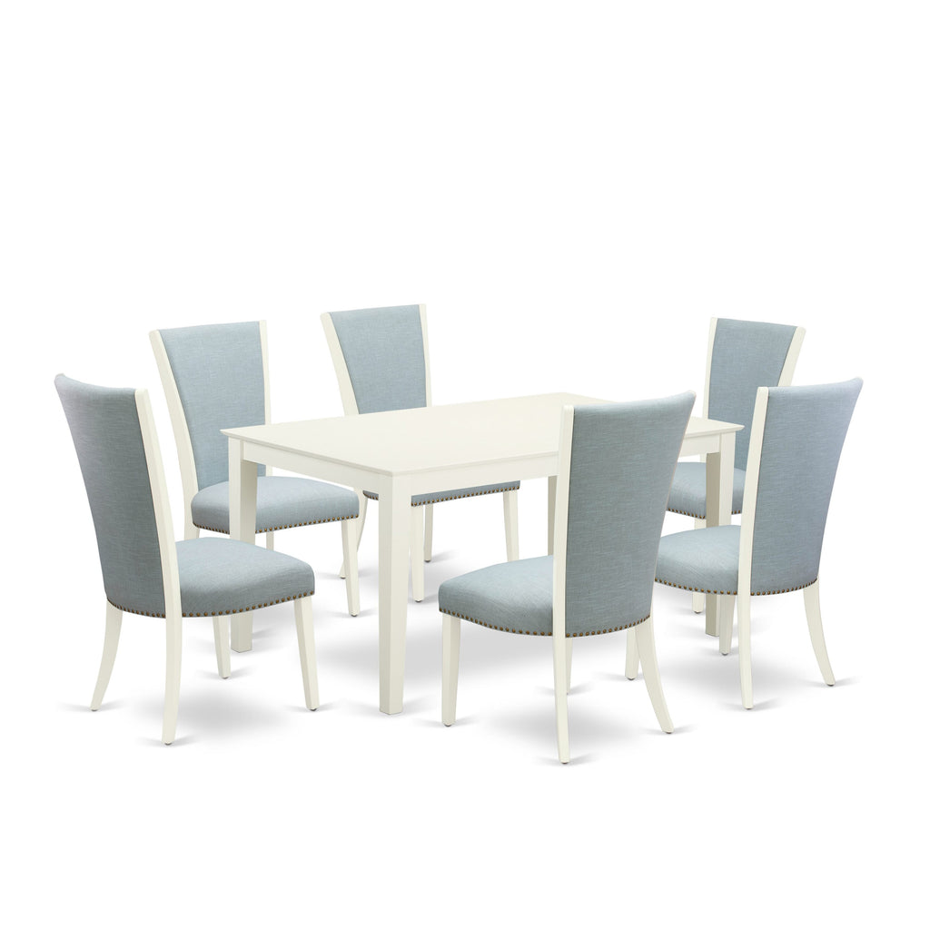 CAVE7-J6K-64 7-Piece Dining Ensemble with Rectangular Table & Blue Upholstered Chairs, 36x60, Linen White