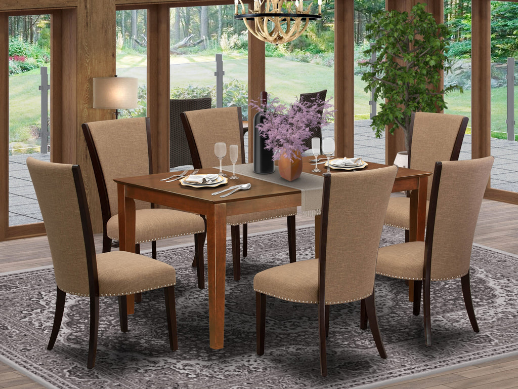 Dining Ensemble CAVE7-L05-0A 7-Piece Set with Mahogany Table and Linen Fabric Chairs