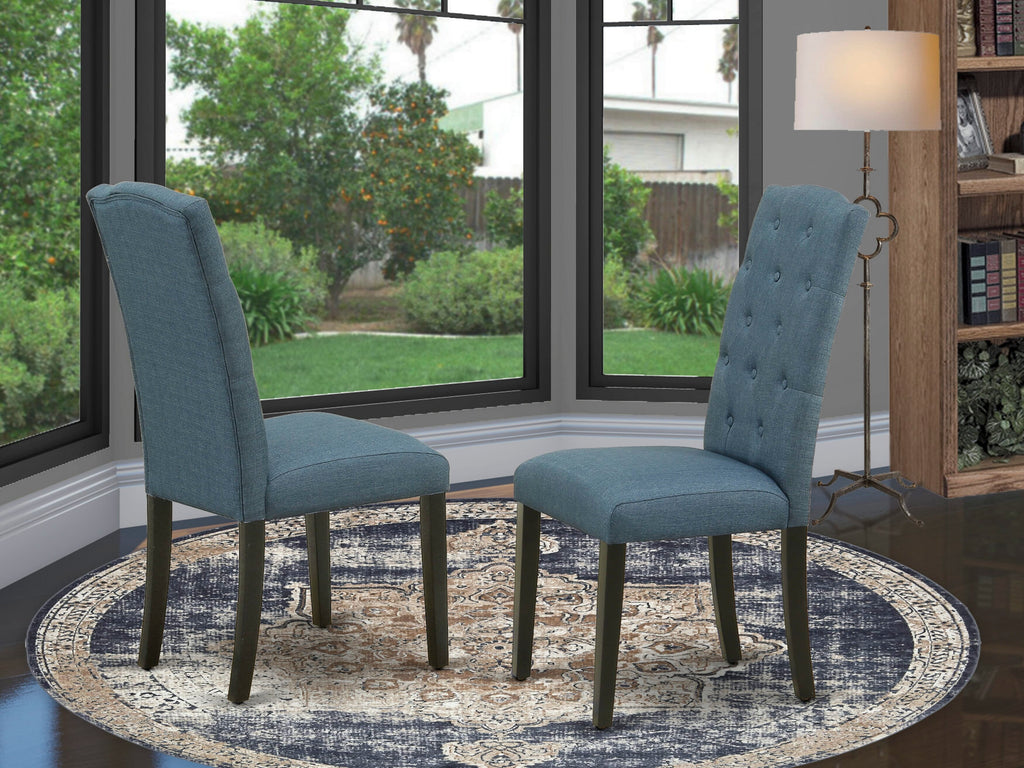 Stylish CEP1TTV Button Tufted Mineral Blue Linen Dining Chairs with Black Finish, Set of 2