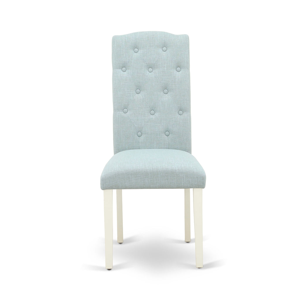 WECE7-YIK-CN 7-Piece Dining Ensemble Including Rectangular Table with Extendable Butterfly Leaf and Six Soft Baby Blue Linen Wrapped Chairs, 42x60, Linen White