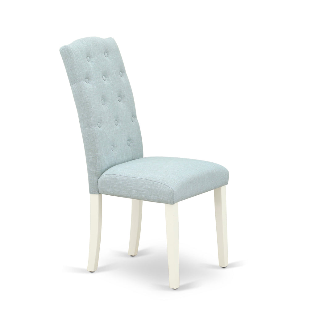 WECE7-YIK-CN 7-Piece Dining Ensemble Including Rectangular Table with Extendable Butterfly Leaf and Six Soft Baby Blue Linen Wrapped Chairs, 42x60, Linen White