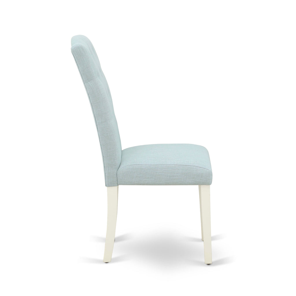 WECE7-YIK-CN 7-Piece Dining Ensemble Including Rectangular Table with Extendable Butterfly Leaf and Six Soft Baby Blue Linen Wrapped Chairs, 42x60, Linen White