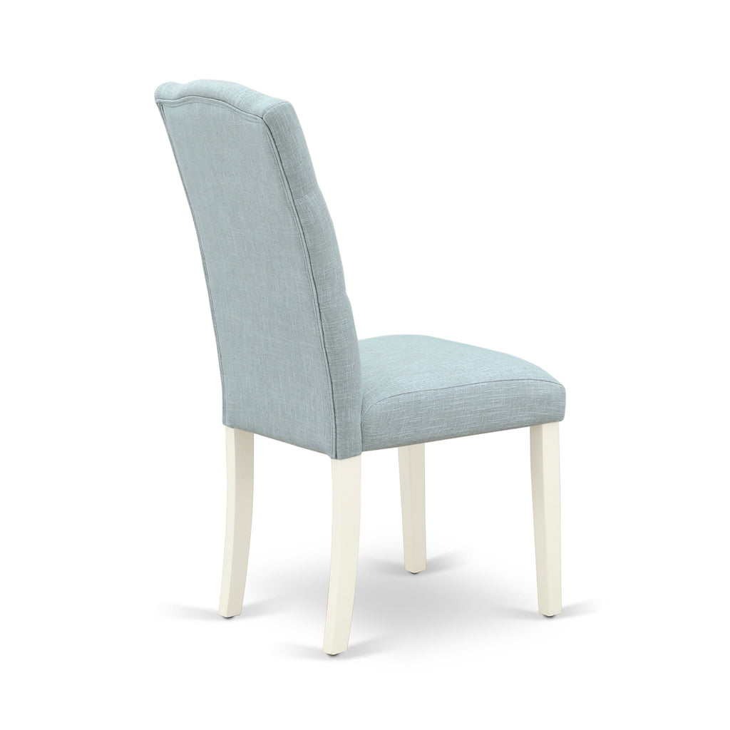 WECE7-YIK-CN 7-Piece Dining Ensemble Including Rectangular Table with Extendable Butterfly Leaf and Six Soft Baby Blue Linen Wrapped Chairs, 42x60, Linen White