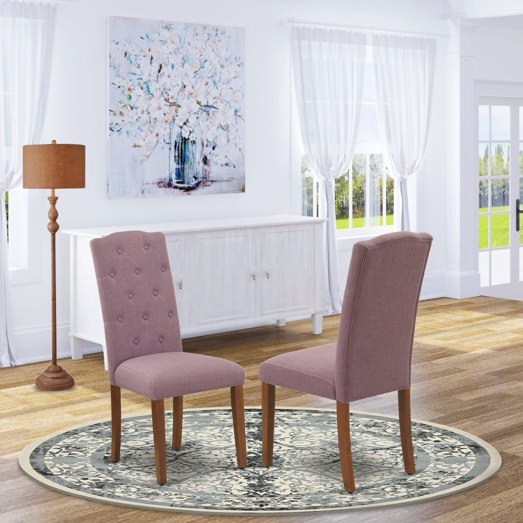 CEP3TGT Elegant Celina Parson Button Tufted Dining Chairs, Dahlia Linen Fabric Set of 2, Rich Mahogany Finish