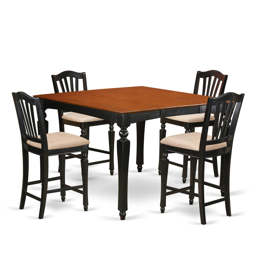 CHEL5-2ZH-O Spectacular 5-Piece Counter Set - 54 Expanding Square Dining Table & 4 Linen Upholstered Chairs in Cherry Black