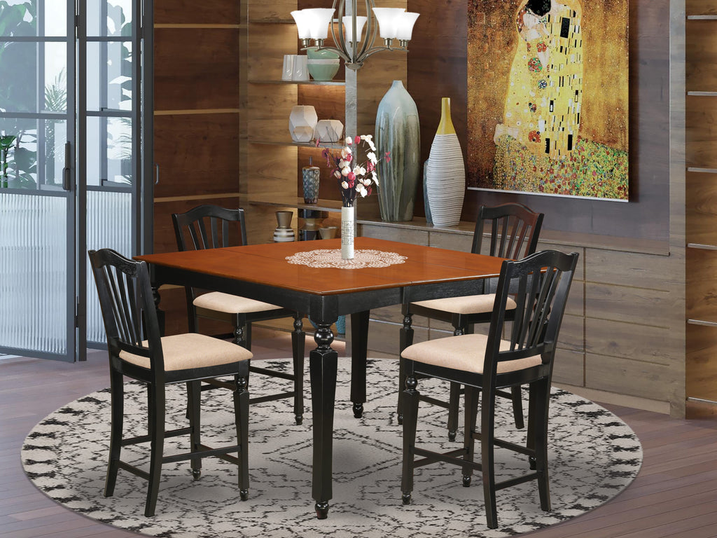 CHEL5-2ZH-O Spectacular 5-Piece Counter Set - 54 Expanding Square Dining Table & 4 Linen Upholstered Chairs in Cherry Black