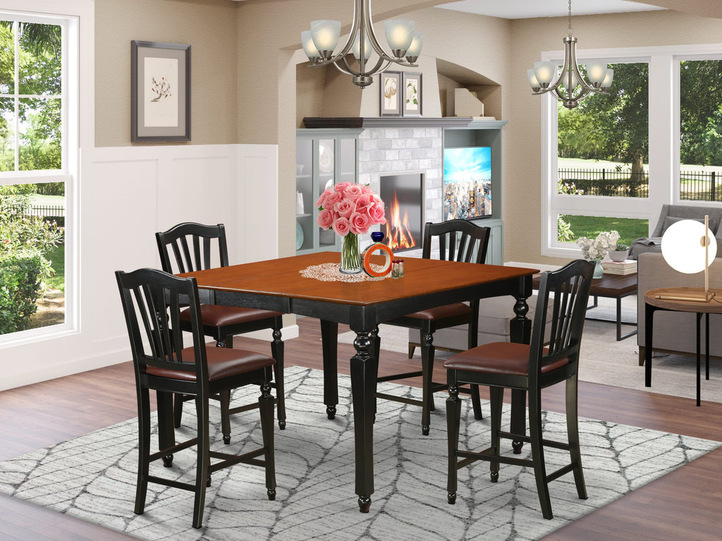 Dining Set CHEL5-HHT-NW 5-Piece Counter Height Table with Butterfly Leaf & 4 Upholstered Chairs, Black Cherry Finish