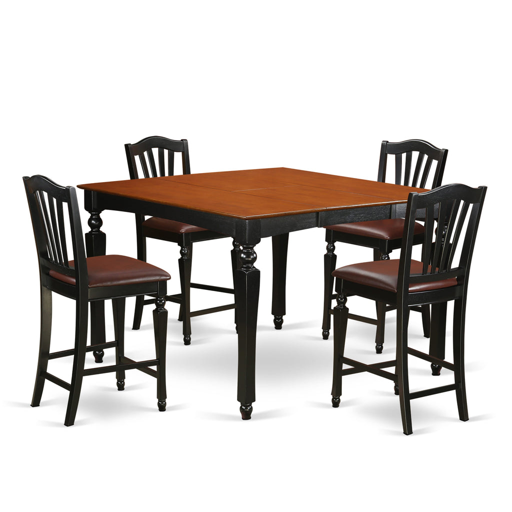Dining Set CHEL5-HHT-NW 5-Piece Counter Height Table with Butterfly Leaf & 4 Upholstered Chairs, Black Cherry Finish