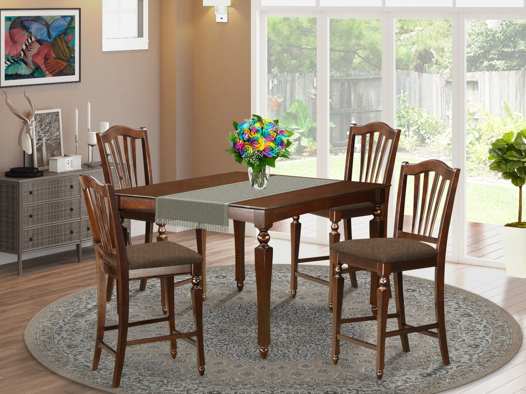 CHEL5-1X4-L 5-Piece High Table Set with Expandable Table and Upholstered Chairs, Mahogany
