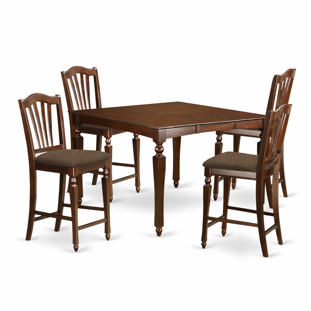 CHEL5-1X4-L 5-Piece High Table Set with Expandable Table and Upholstered Chairs, Mahogany