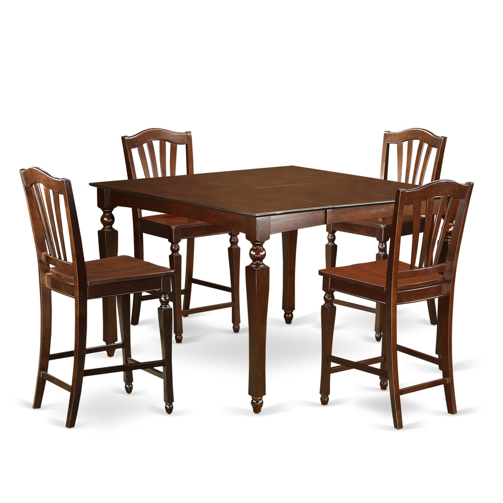 CHEL5-EUJ-2 5-Piece Square Counter Height Pub Dining Set with Butterfly Leaf Table and Four Chairs, 54x54 Mahogany Finish