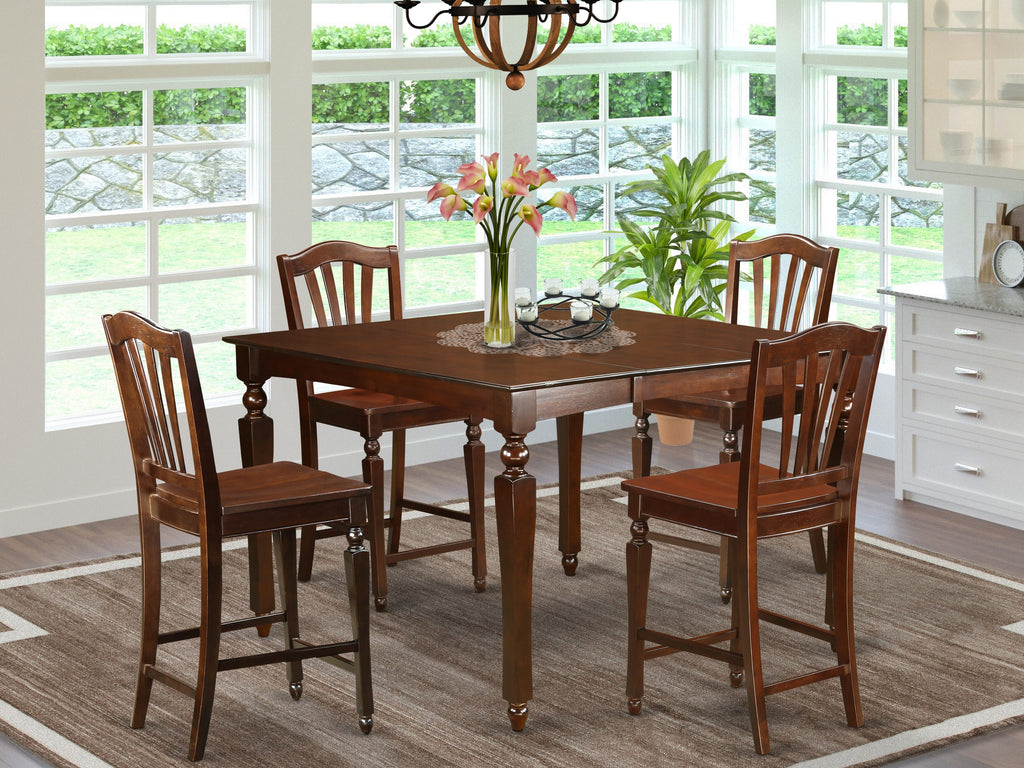 CHEL5-EUJ-2 5-Piece Square Counter Height Pub Dining Set with Butterfly Leaf Table and Four Chairs, 54x54 Mahogany Finish