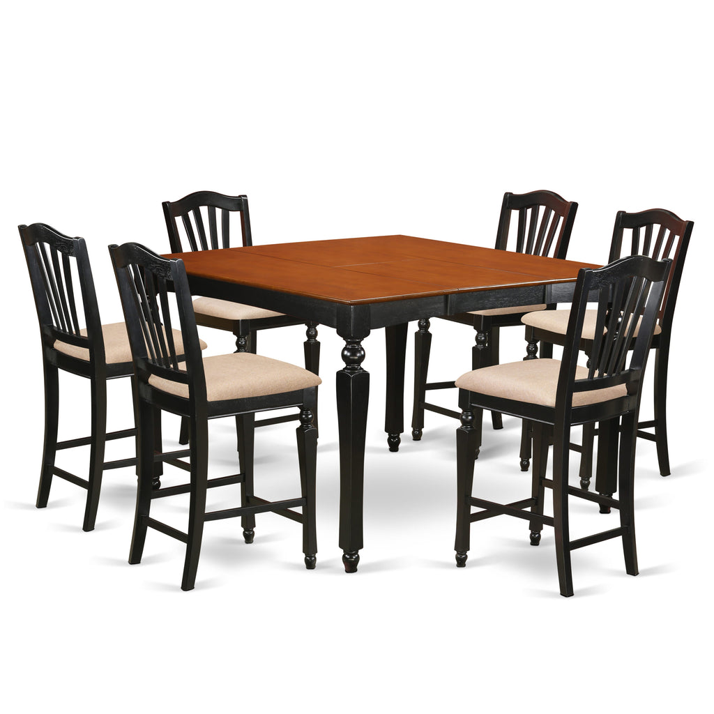 CHEL7-ARP-F Dining Set - 7 Piece Square Table with Leaf Extension & 6 Linen Upholstered Chairs, Black Cherry Finish