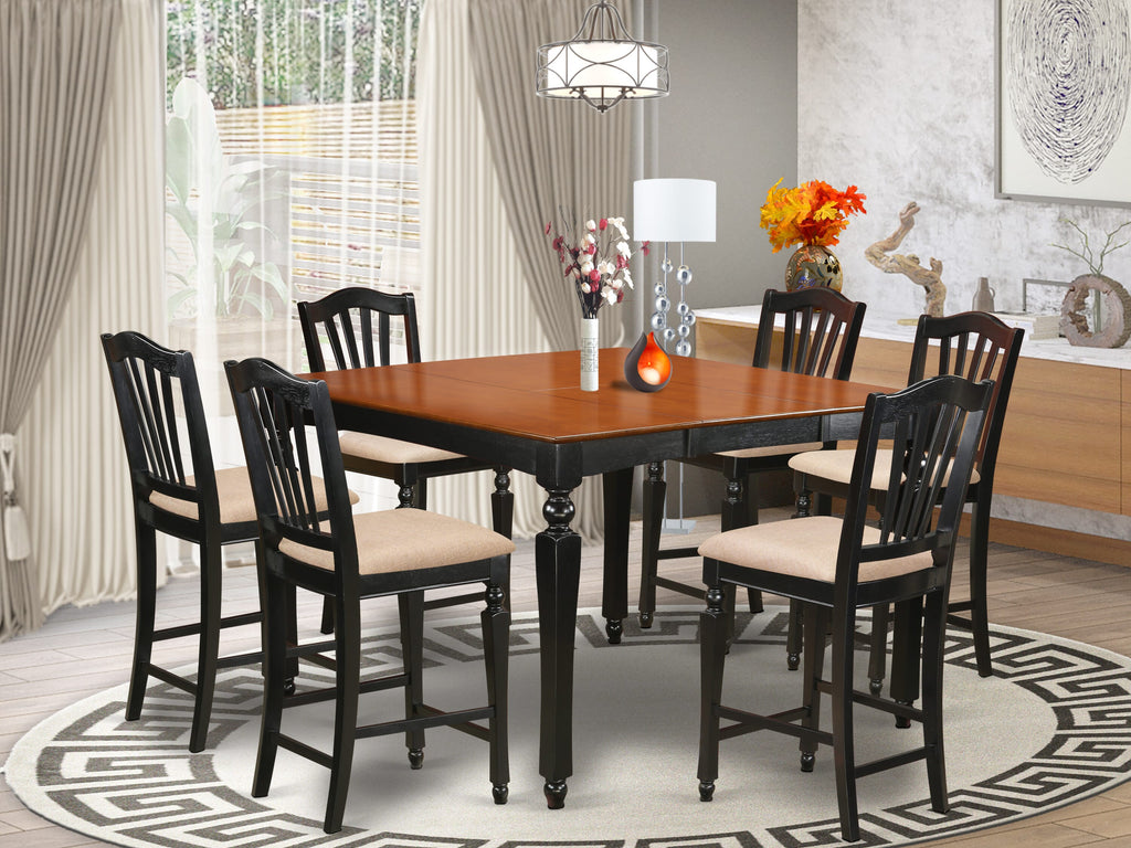 CHEL7-ARP-F Dining Set - 7 Piece Square Table with Leaf Extension & 6 Linen Upholstered Chairs, Black Cherry Finish