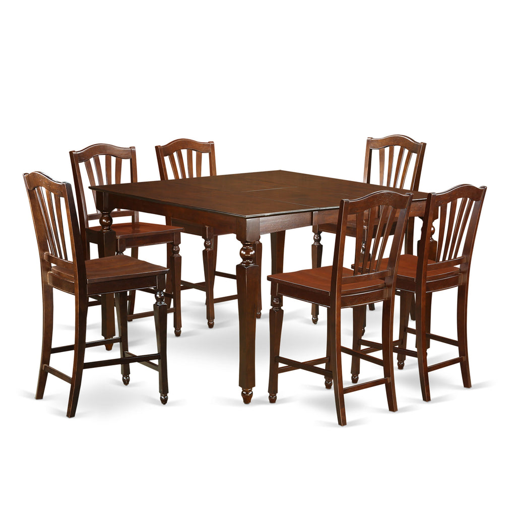 CHEL7-RUO-J Mahogany 54” Square Counter Dining Table Set with 6 Chairs, 7-Piece Design and Butterfly Leaf