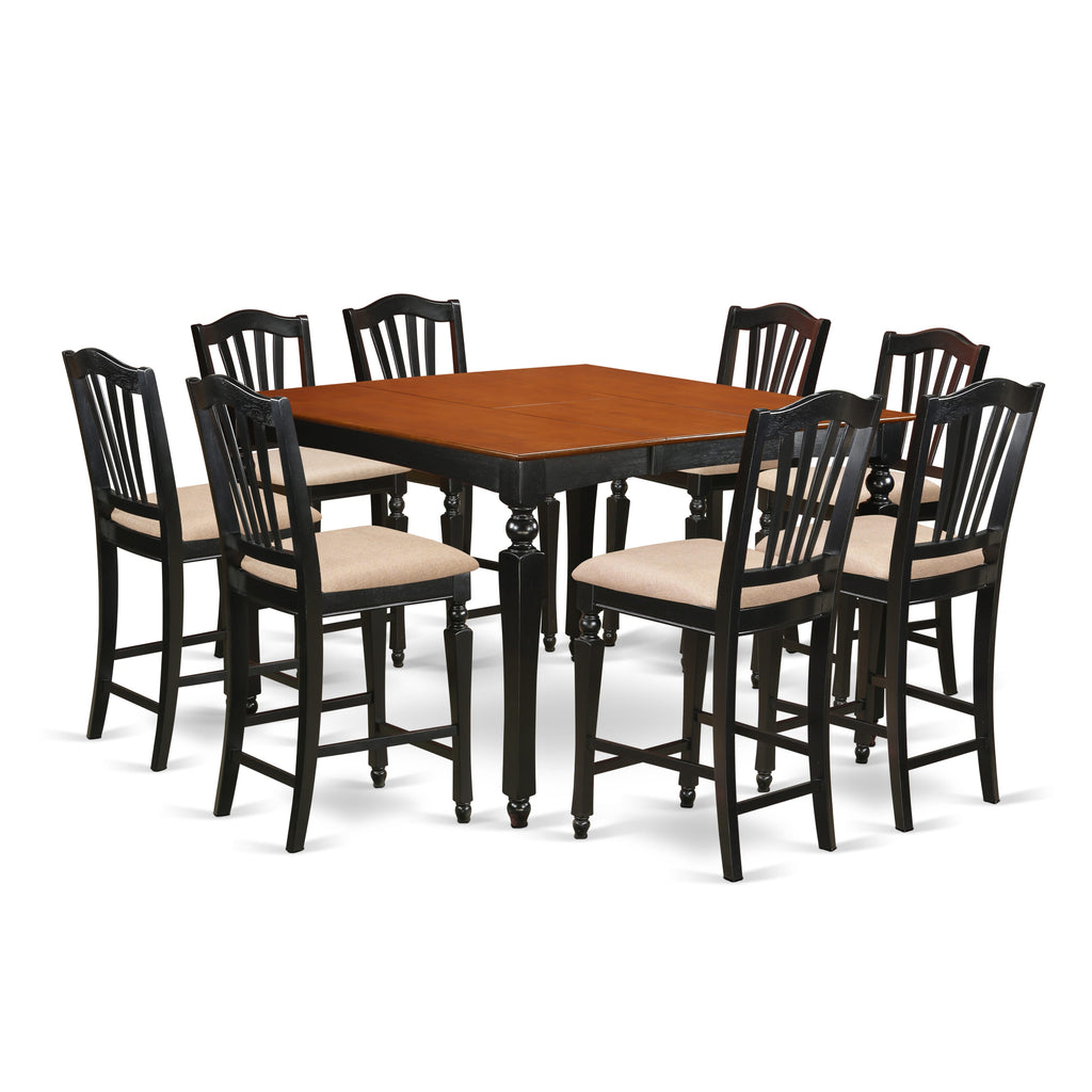 Modern CHEL9-VRR-H 9-Piece Square Dining Set with Butterfly Leaf and 8 Upholstered Chairs