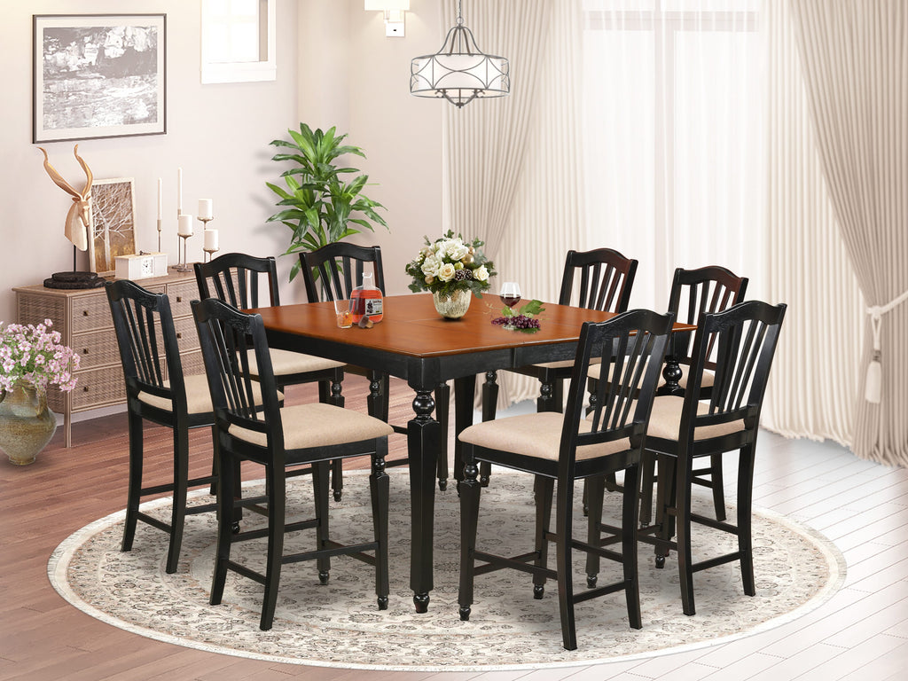 Modern CHEL9-VRR-H 9-Piece Square Dining Set with Butterfly Leaf and 8 Upholstered Chairs