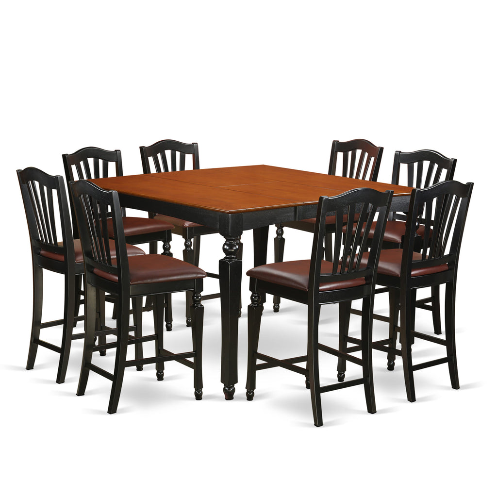 CHEL9-YA0-EZ 9-Piece Height Dining Set - Square Table with Leaf and 8 Faux Leather Chairs, 54x54, Black Cherry Finish