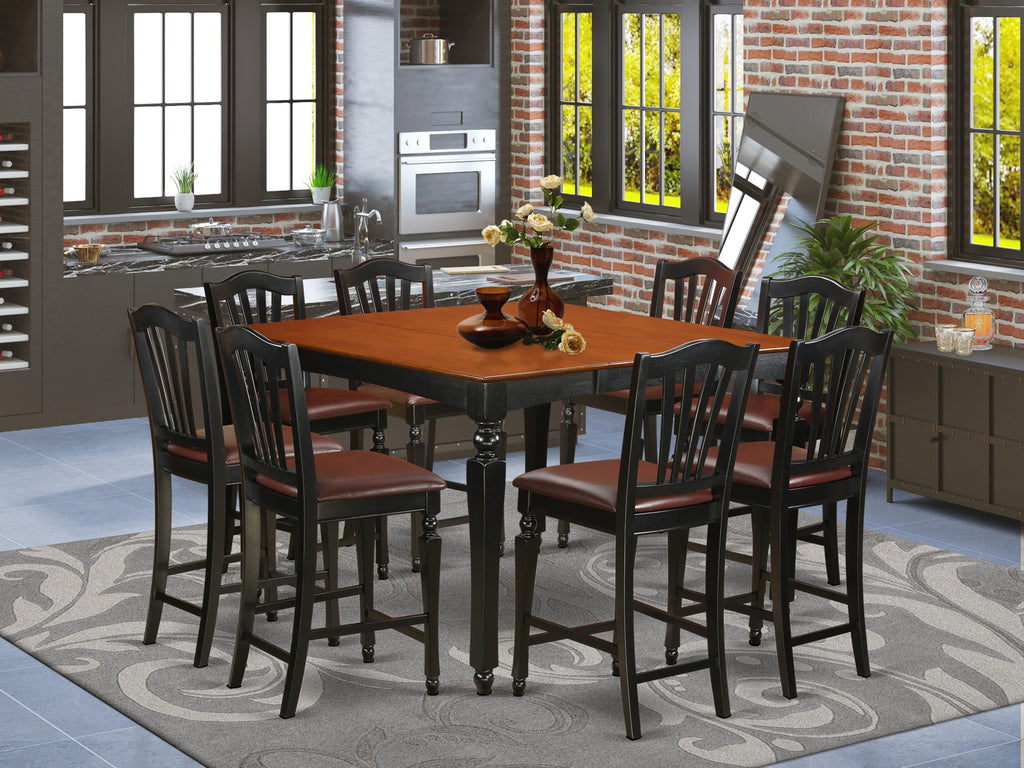 CHEL9-YA0-EZ 9-Piece Height Dining Set - Square Table with Leaf and 8 Faux Leather Chairs, 54x54, Black Cherry Finish