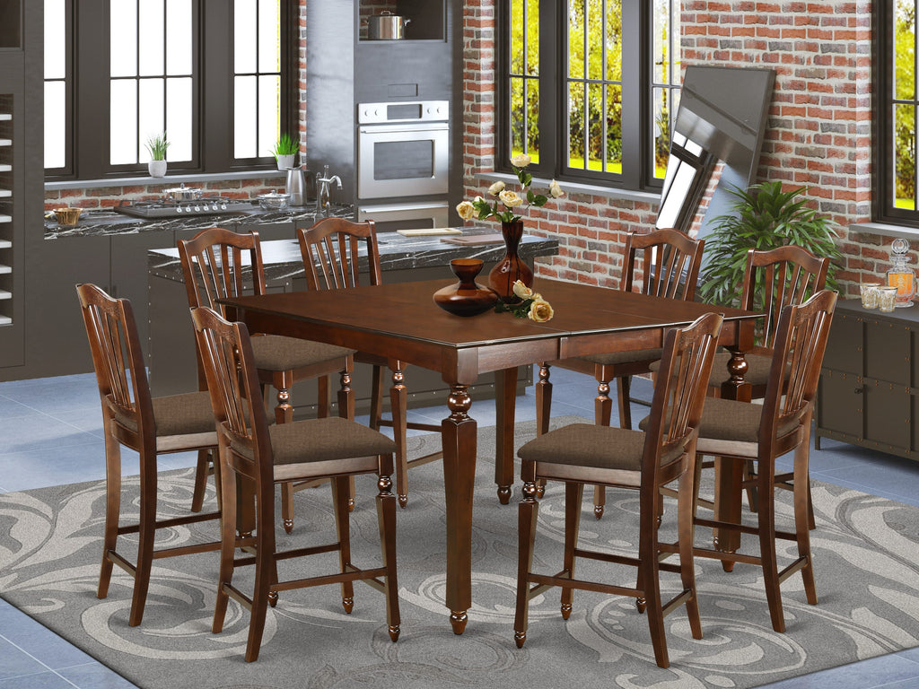 CHEL9-6DI-R 9 Piece Pub Set Featuring Square Table with Butterfly Leaf and 8 Upholstered Chairs, 54x54 Mahogany