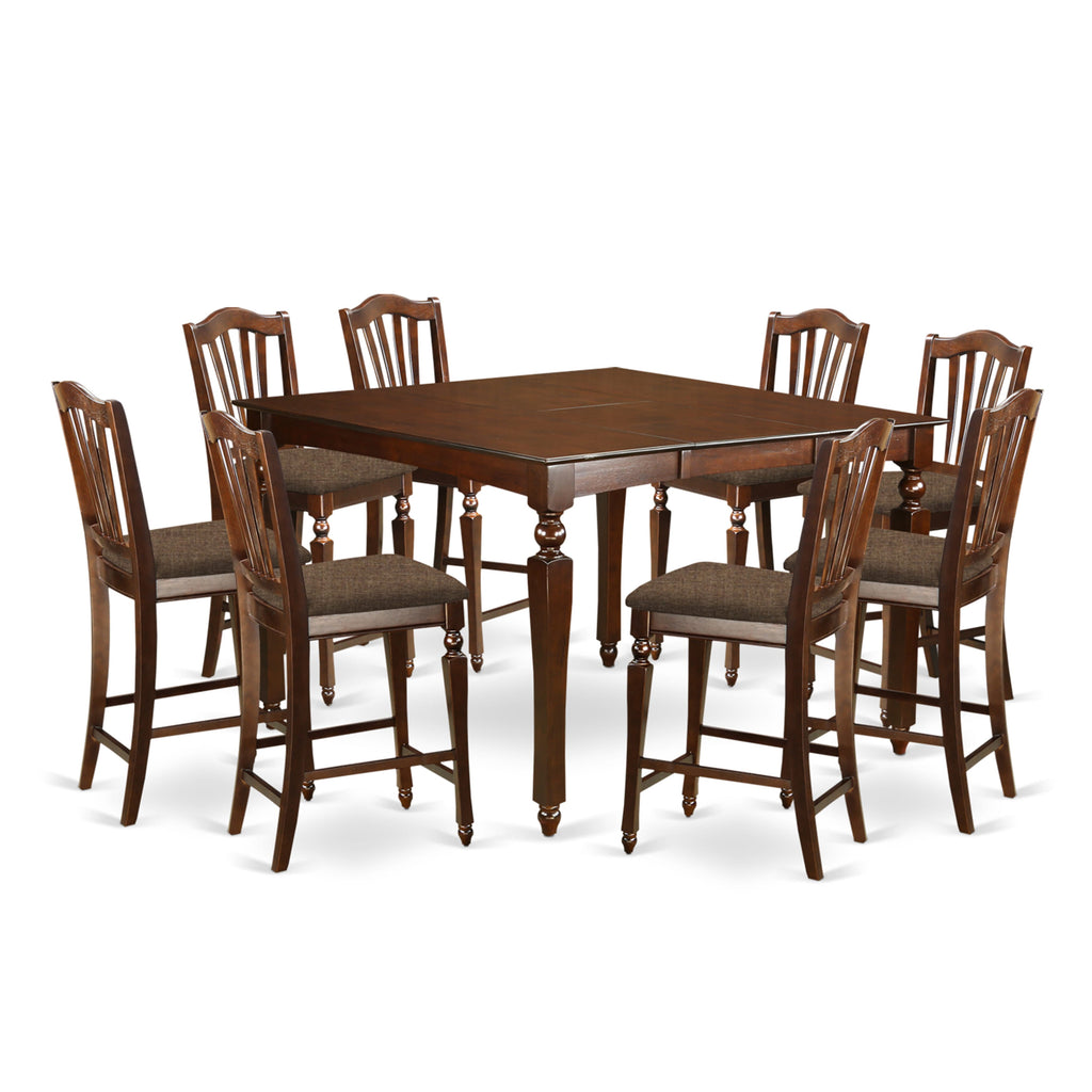 CHEL9-6DI-R 9 Piece Pub Set Featuring Square Table with Butterfly Leaf and 8 Upholstered Chairs, 54x54 Mahogany