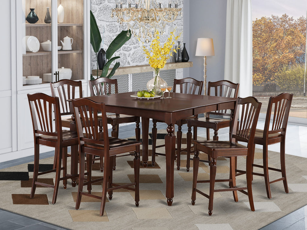 CHEL9-GV9-G Deluxe 9-Piece Counter Dining Set with Leaf & Chairs, 54x54 In, Mahogany Finish