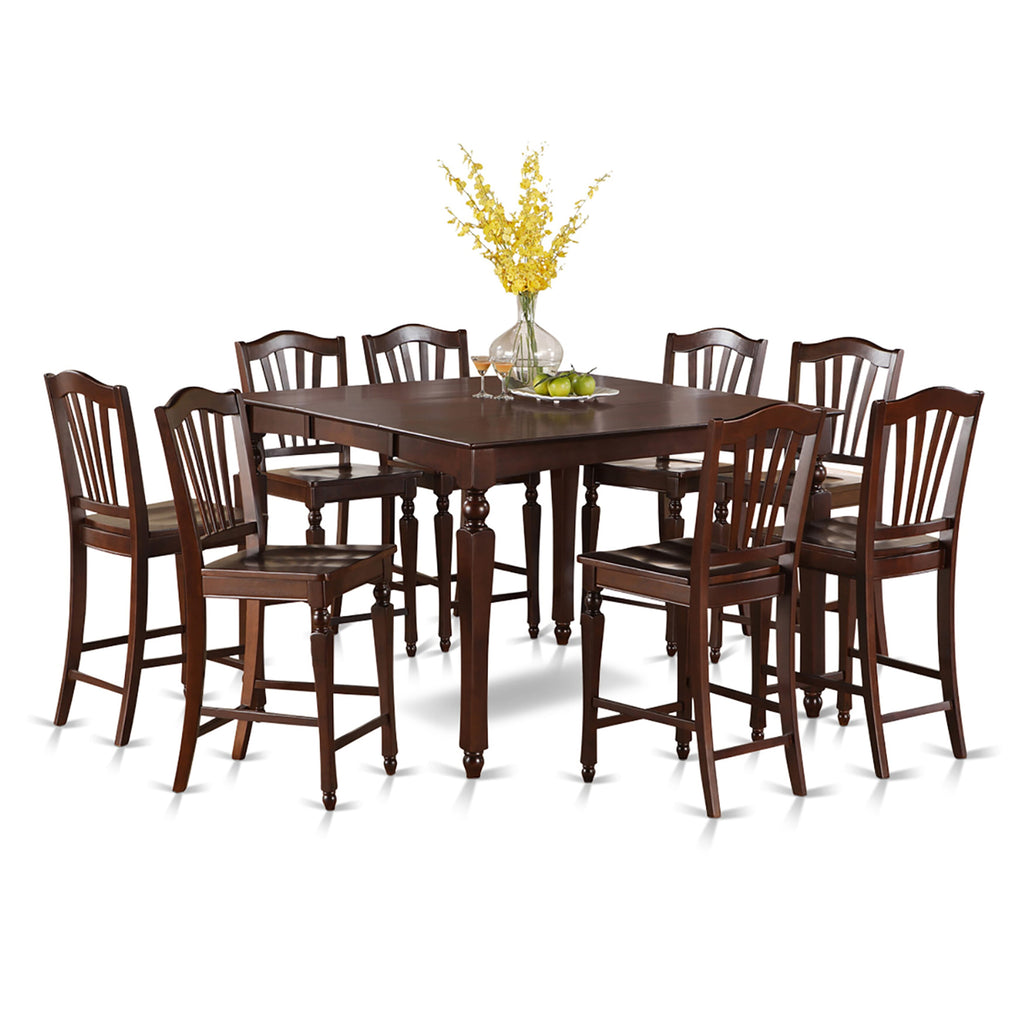 CHEL9-GV9-G Deluxe 9-Piece Counter Dining Set with Leaf & Chairs, 54x54 In, Mahogany Finish