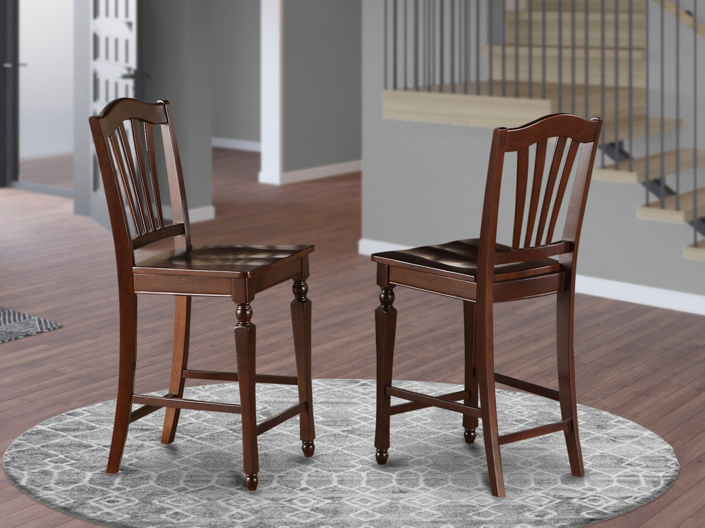 Set of 2 Mahogany Slat Back Counter-Height Barstools with Wooden Seats  CHS-MKY-D