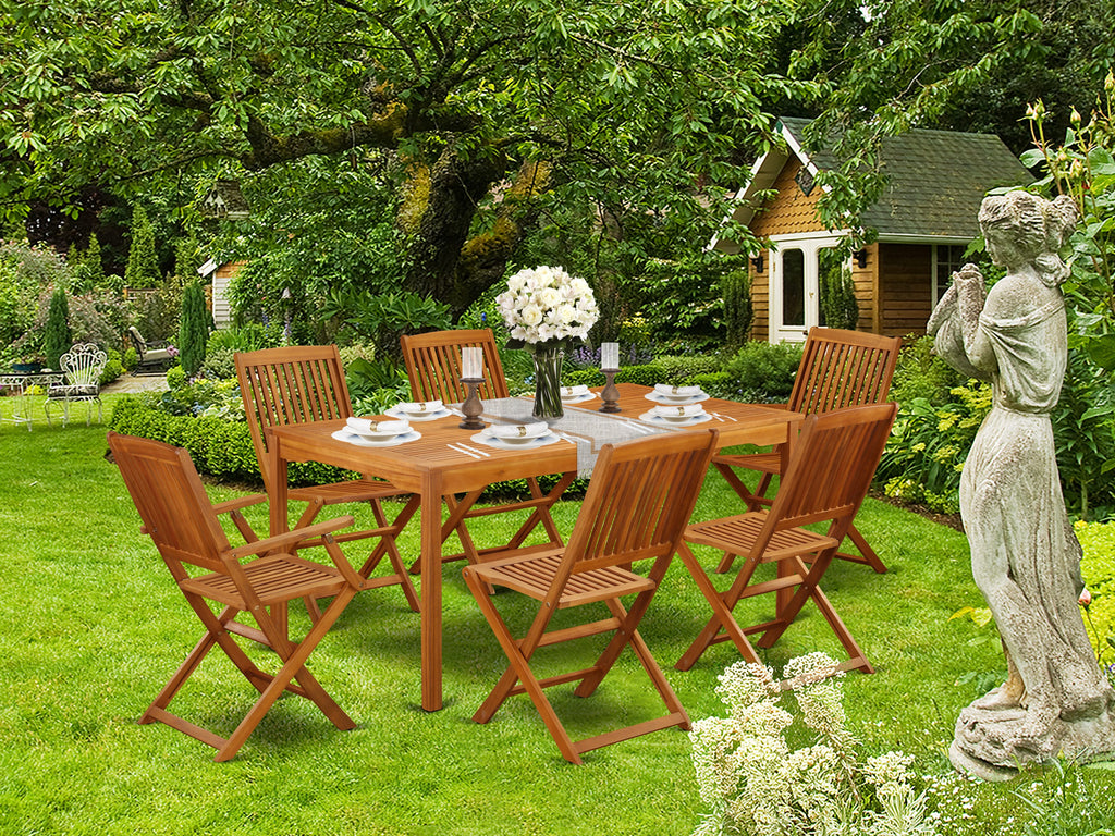 CMCM7UG8FT Deluxe 7-Piece Outdoor Dining Ensemble Rectangle Wood Table, 2 Foldable Armchairs, & 4 Side Seats - 36x66 in for Patio Spaces