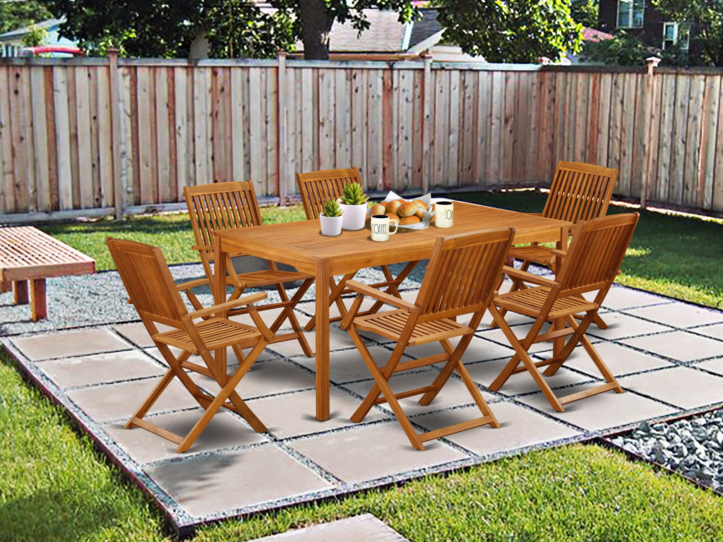 CMCM78243 7-Piece Outdoor Dining Set with 6 Folding Chairs and Rectangular Acacia Table, 36x66 Natural Finish