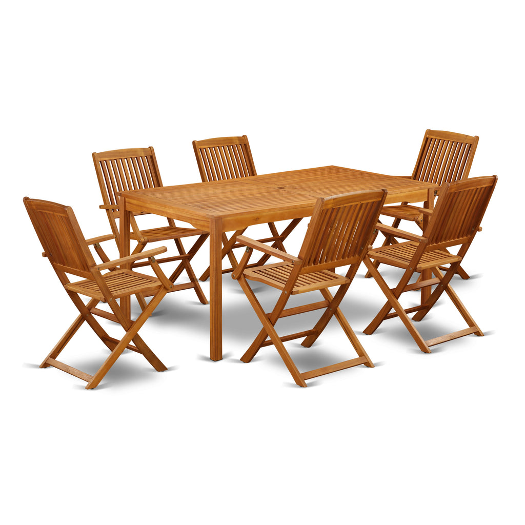 CMCM78243 7-Piece Outdoor Dining Set with 6 Folding Chairs and Rectangular Acacia Table, 36x66 Natural Finish