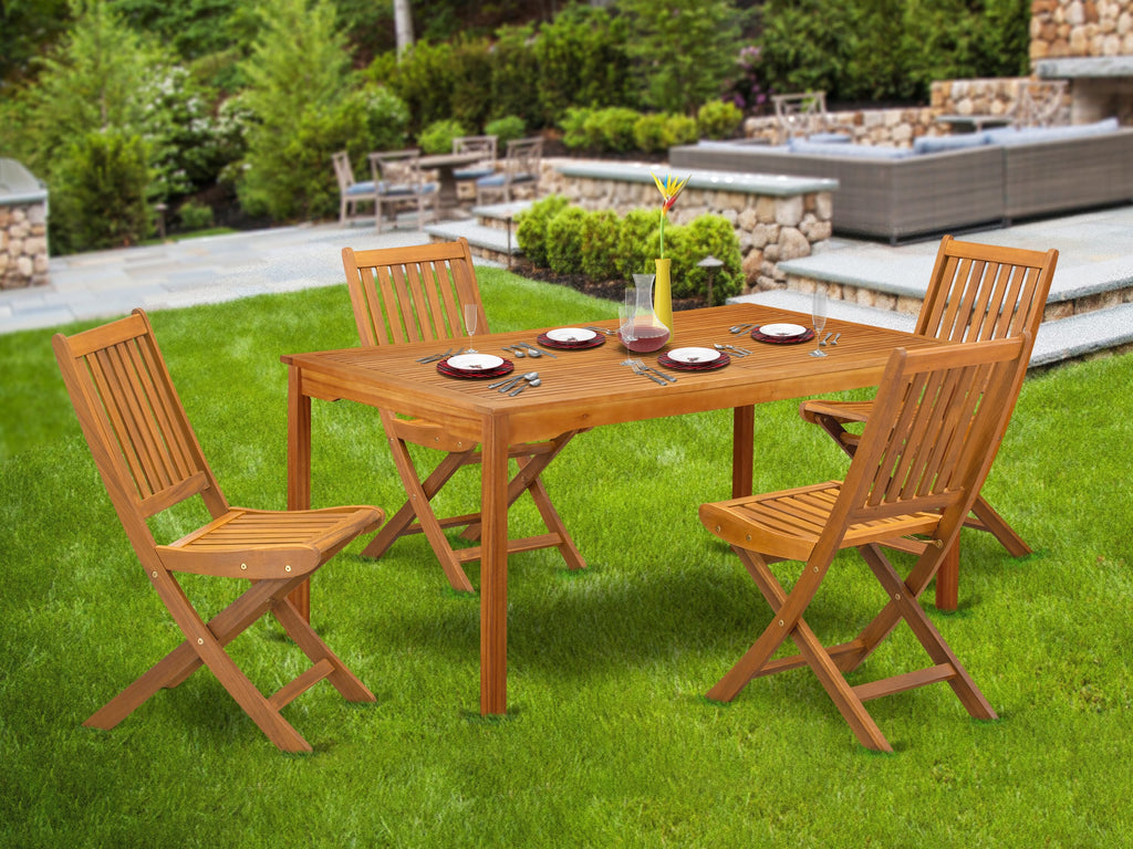 CMDK5W2KE 5 Piece Outdoor Dining Set with Rectangle Acacia Wood Table & Folding Chairs, Natural Finish